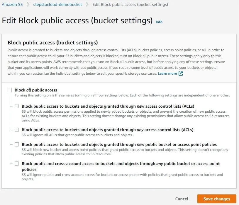S3 - Edit Bucket Settings - Change Access